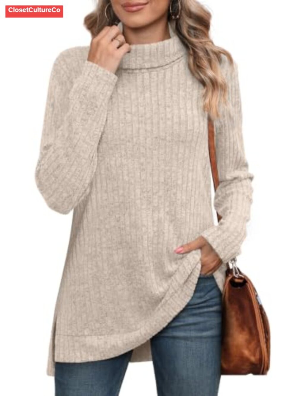 Womens Tunic Sweater Turtleneck Long Sleeve Oversized Lightweight Pullover